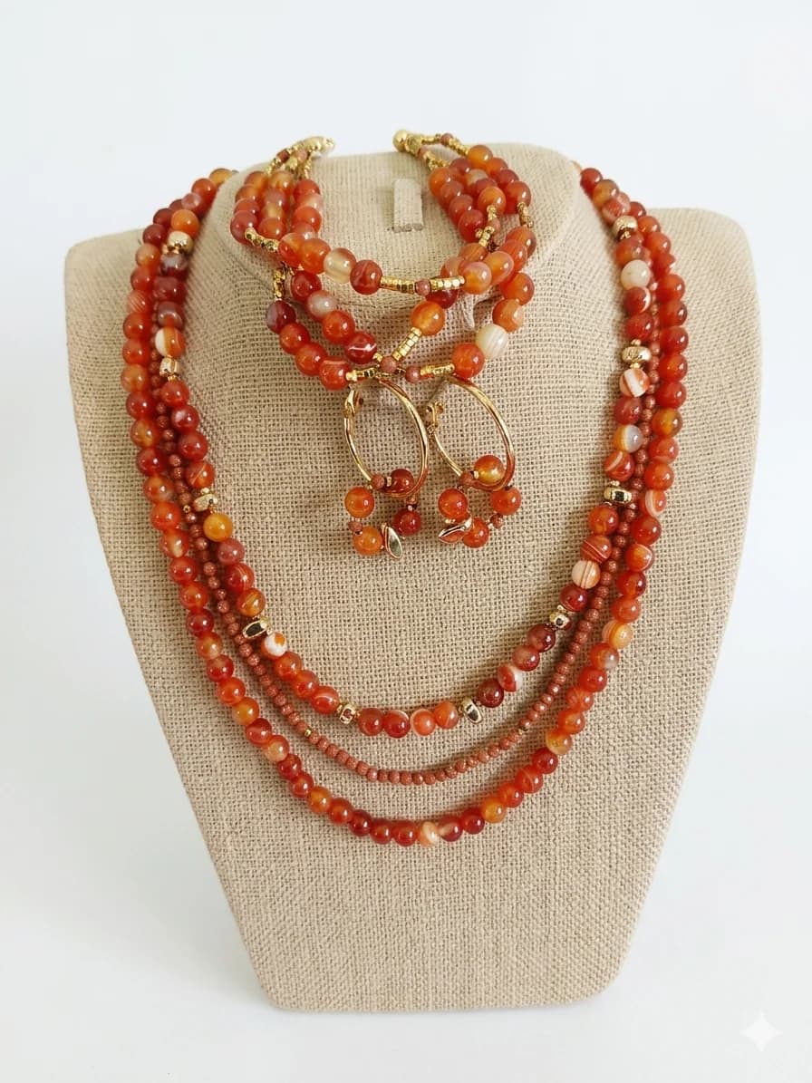 Parure Perles Orangées – Collier, Bracelet & Boucles d'Oreilles
